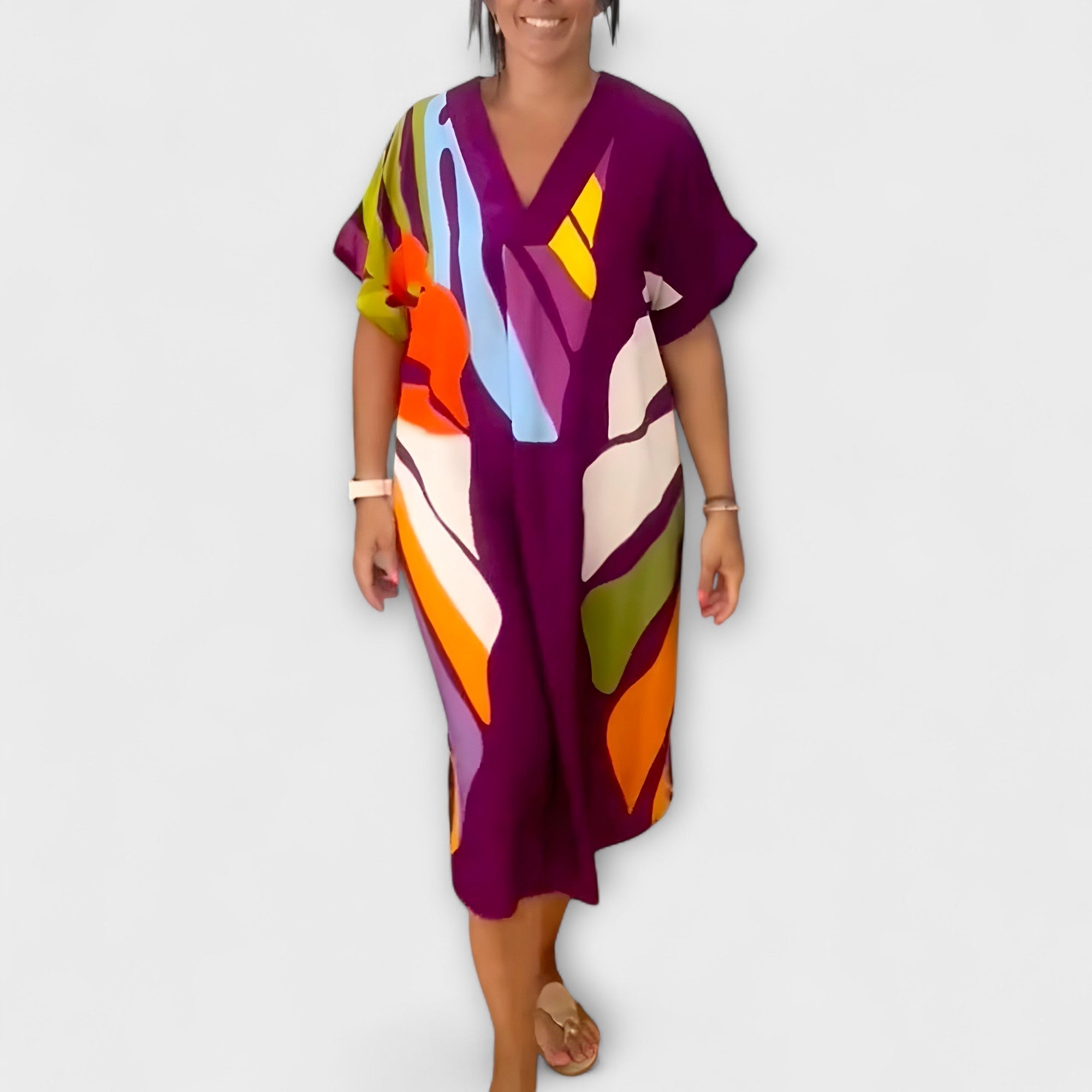 Aurora - Casual sukienka w kolorowy nadruk liści