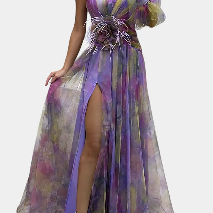 Asymetryczna Sukienka Maxi Teodora z Jednym Ramieniem i Artystycznym Wzorem