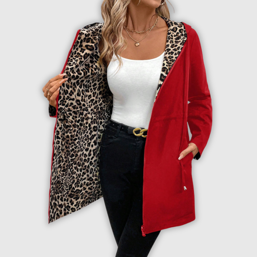 Dwustronny płaszcz z kapturem i wzorem w panterę