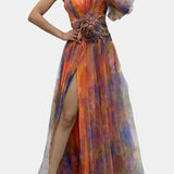 Asymetryczna Sukienka Maxi Teodora z Jednym Ramieniem i Artystycznym Wzorem