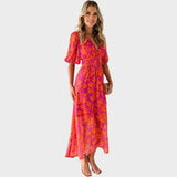 Ranka - Kolorowa midi sukienka z puffowymi rękawami i dekoltem w kształcie V