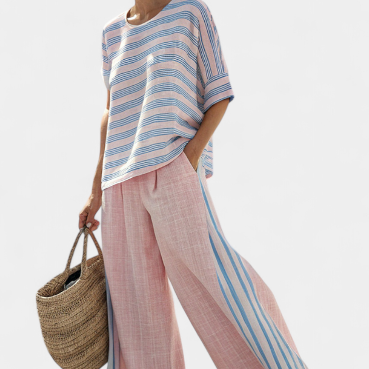 Komplet z lnianego bambusa Daisy w delikatnym różowym kolorze z eleganckimi niebieskimi paskami