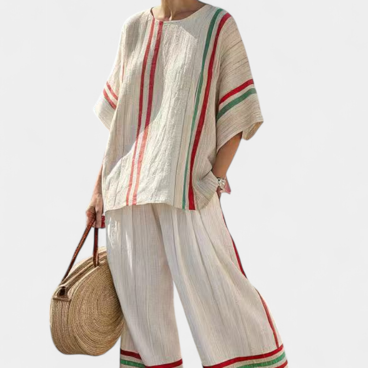 Komplet Daisy z bambusowego lnu w stylu śródziemnomorskim z eleganckimi czerwonymi i zielonymi paskami