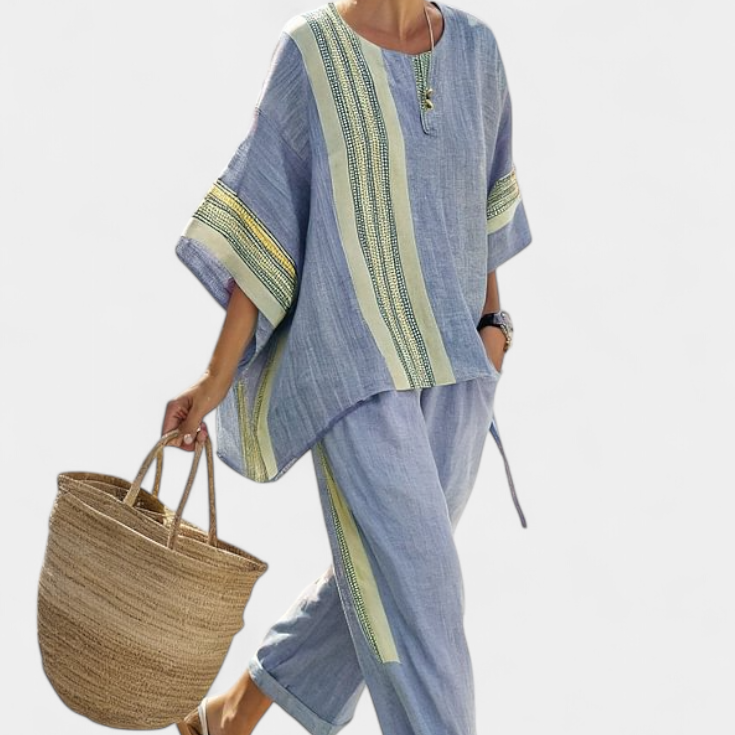 Komplet z lnianego bambusa z urokliwą lawendą i detalami w żółte paski