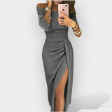 Natalia | Elegancka sukienka midi z drapowaniem i rozcięciem