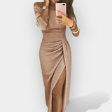 Natalia | Elegancka sukienka midi z drapowaniem i rozcięciem